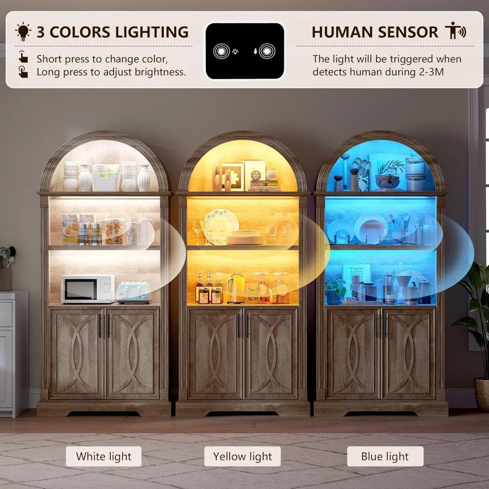 71” Tall Arched Kitchen Pantry Cabinet with Open Shelving