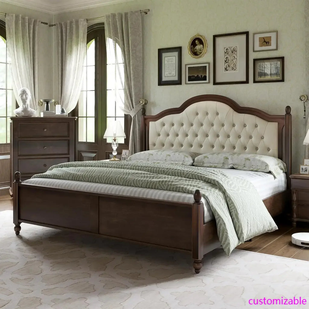 Transitional King Bed Frame – Upholstered Tufted Headboard & Elegant Wood Details”