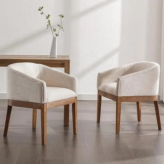 Set of 2 Mid-Century Modern Beige Linen Dining Chairs