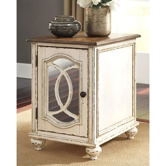 Realyn French Country Chairside End Table with Storage Cabinet – Distressed Chipped White & Wood Top
