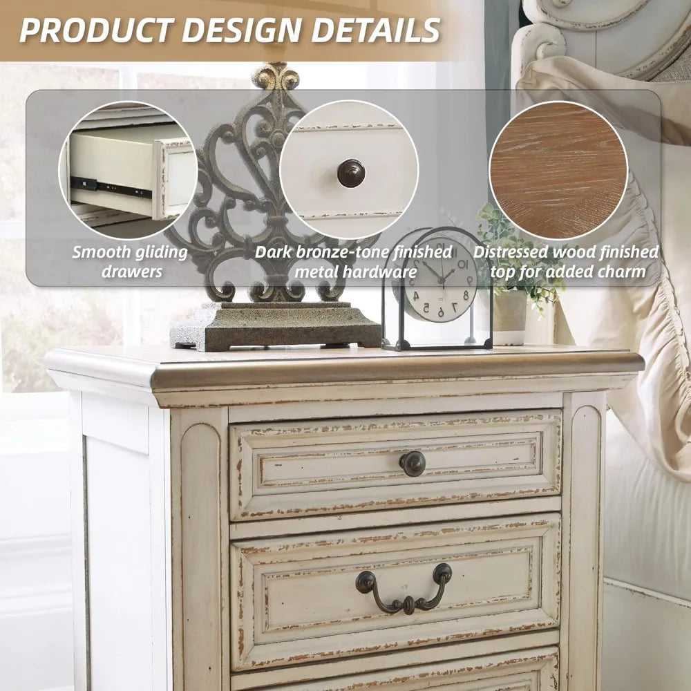 Realyn French Country 3-Drawer Nightstand with USB & Power Outlets – Distressed Chipped White