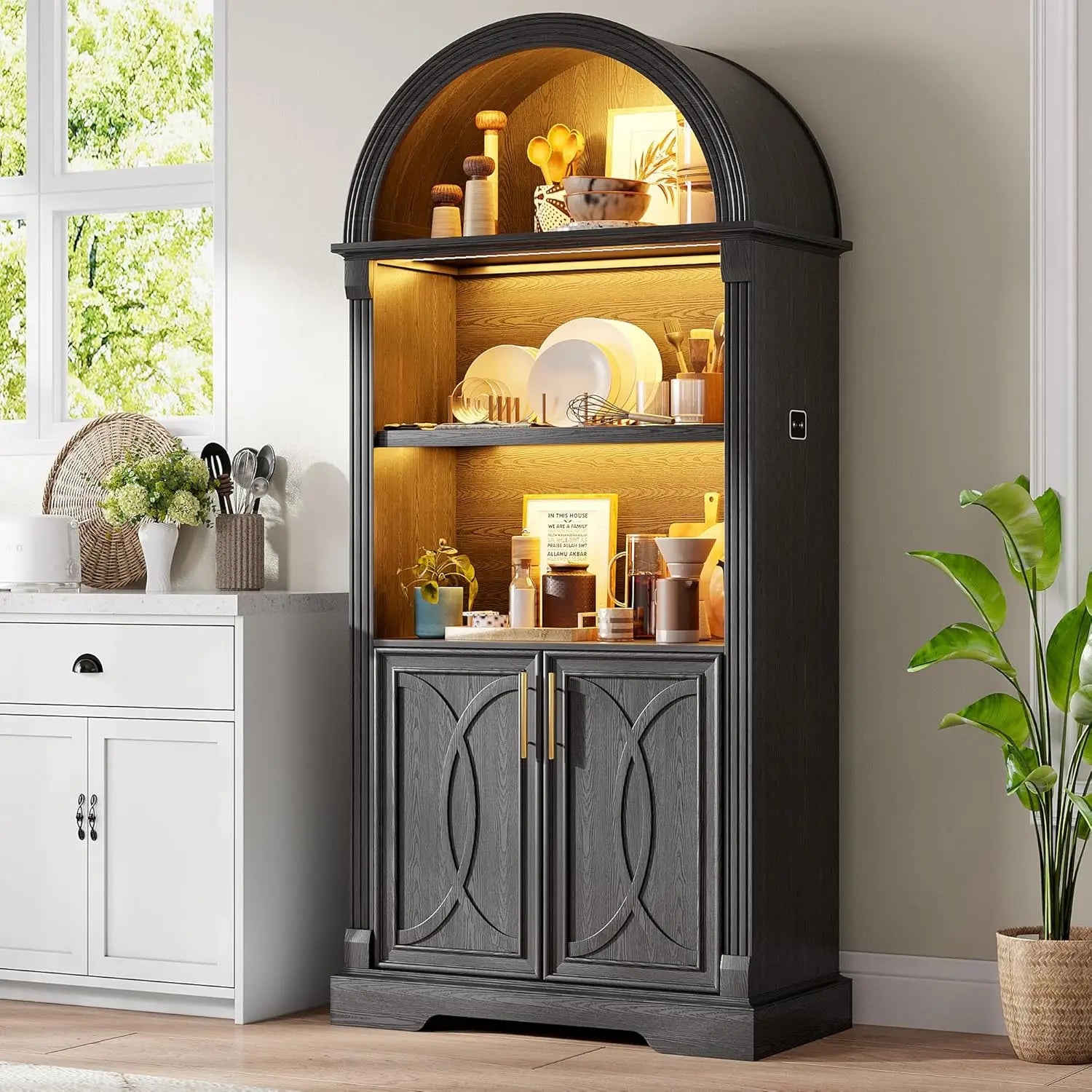 71” Tall Arched Kitchen Pantry Cabinet with Open Shelving