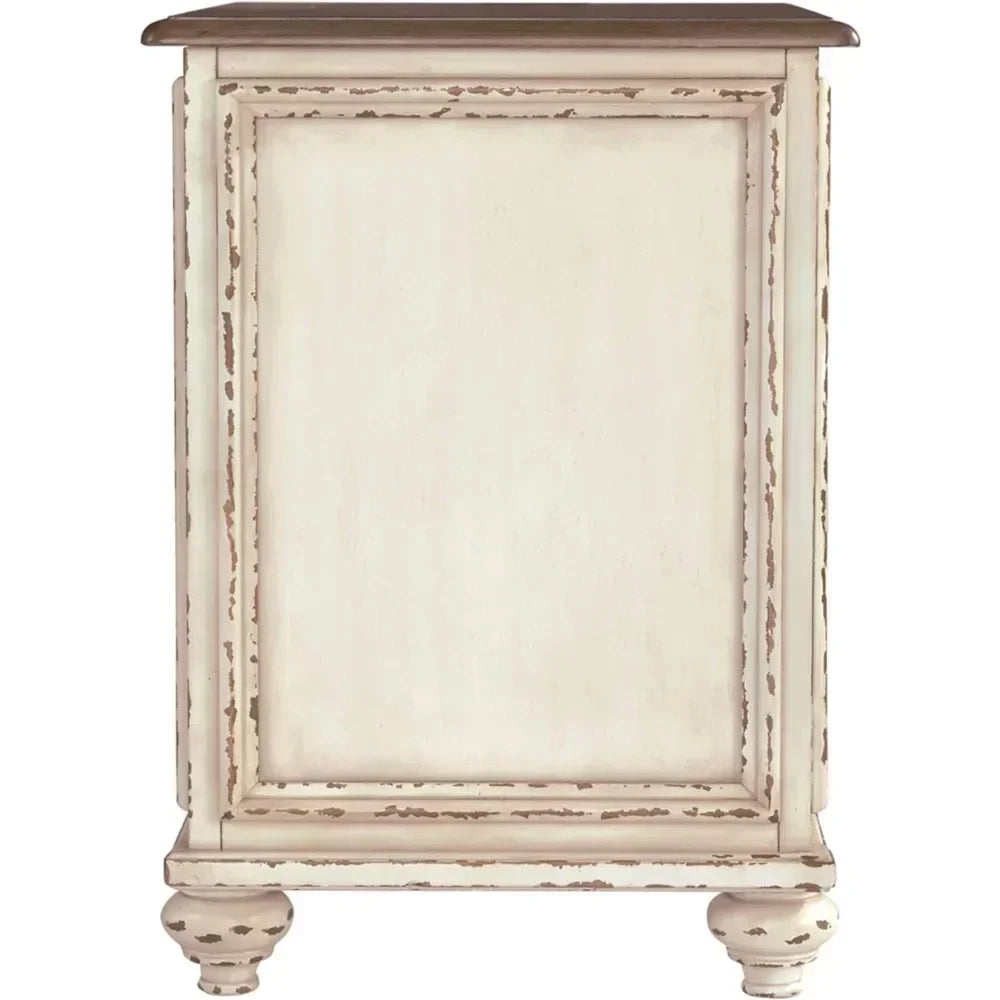 Realyn French Country Chairside End Table with Storage Cabinet – Distressed Chipped White & Wood Top
