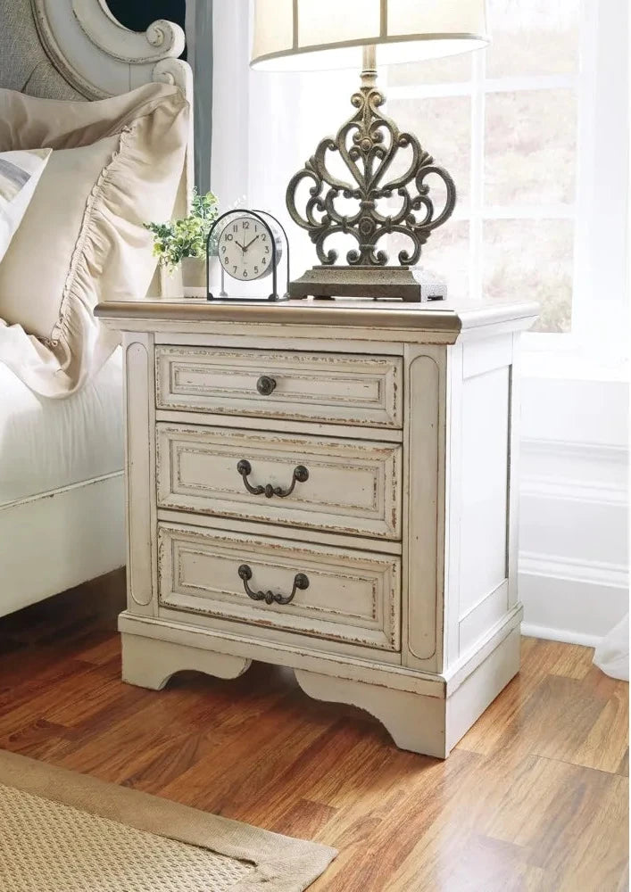 Realyn French Country 3-Drawer Nightstand with USB & Power Outlets – Distressed Chipped White
