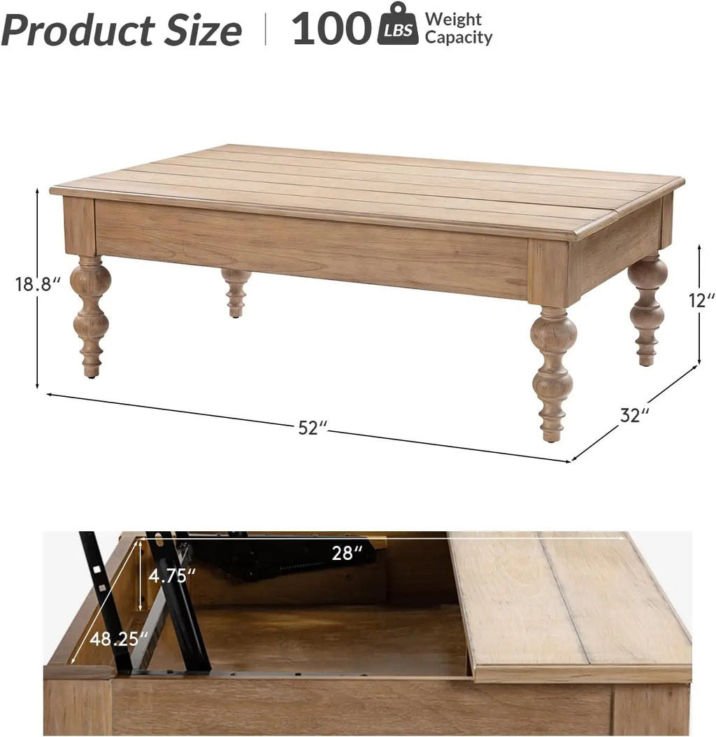 Convertible Lift-Top Coffee Table with Storage – Gourd-Shaped Wood Legs