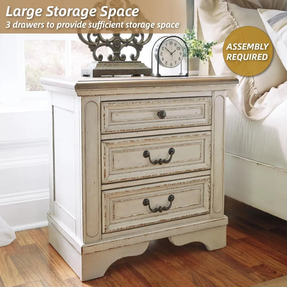 Realyn French Country 3-Drawer Nightstand with USB & Power Outlets – Distressed Chipped White