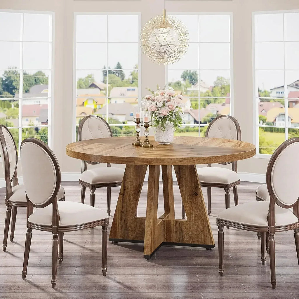 “Willow Creek Round Farmhouse Dining Table – Solid Wood”