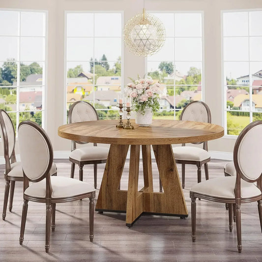 “Willow Creek Round Farmhouse Dining Table – Solid Wood”