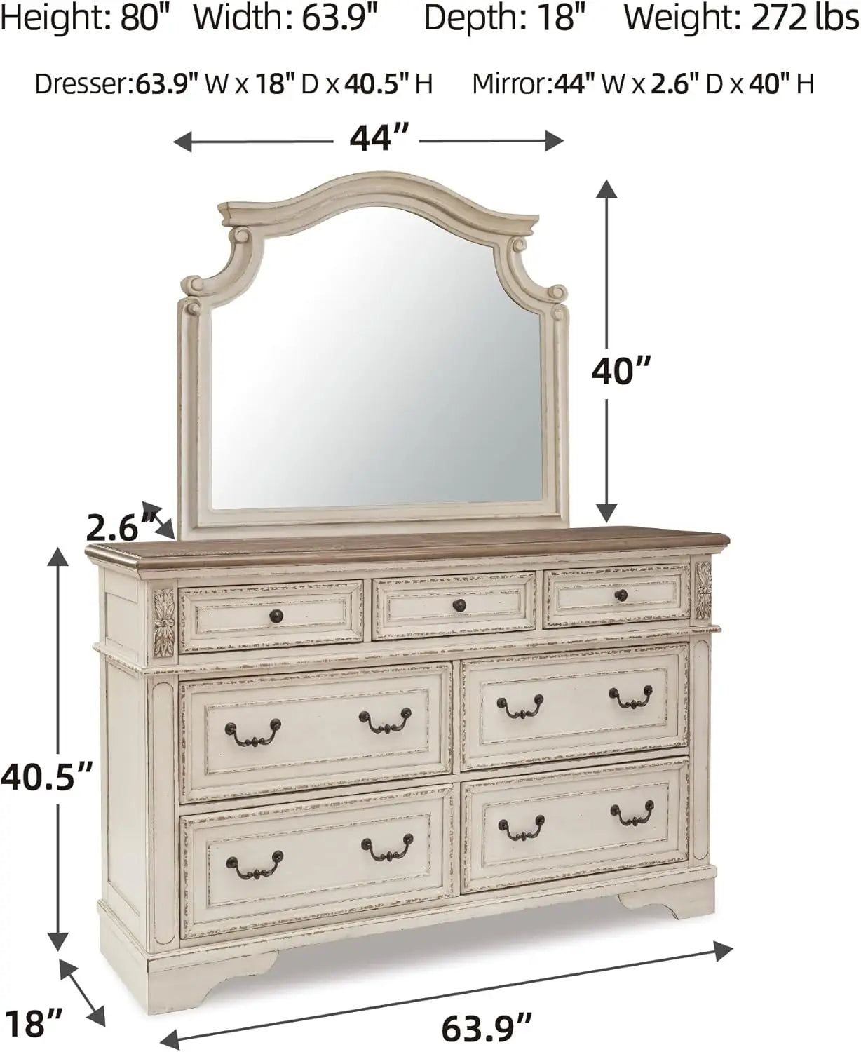 Realyn French Country 7-Drawer Dresser with Mirror – Distressed Chipped White & Walnut Top