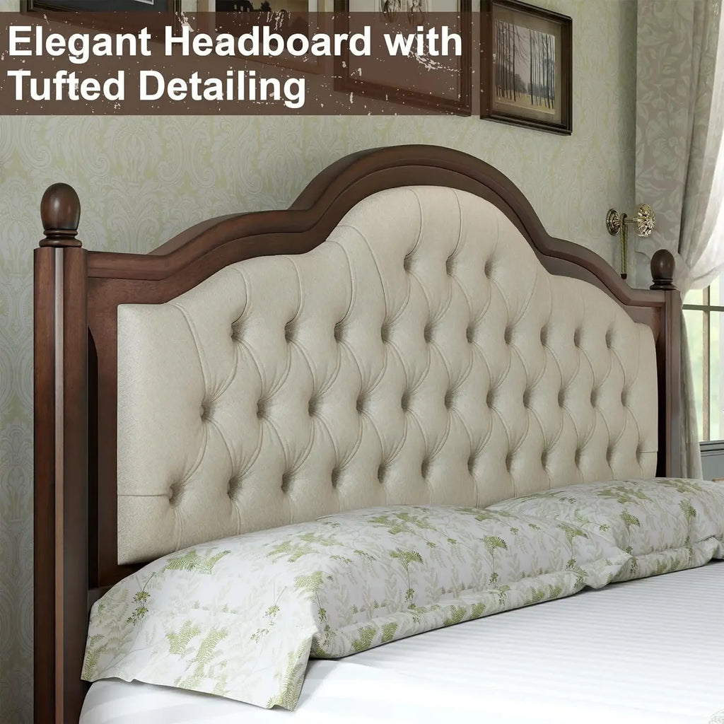 Transitional King Bed Frame – Upholstered Tufted Headboard & Elegant Wood Details”