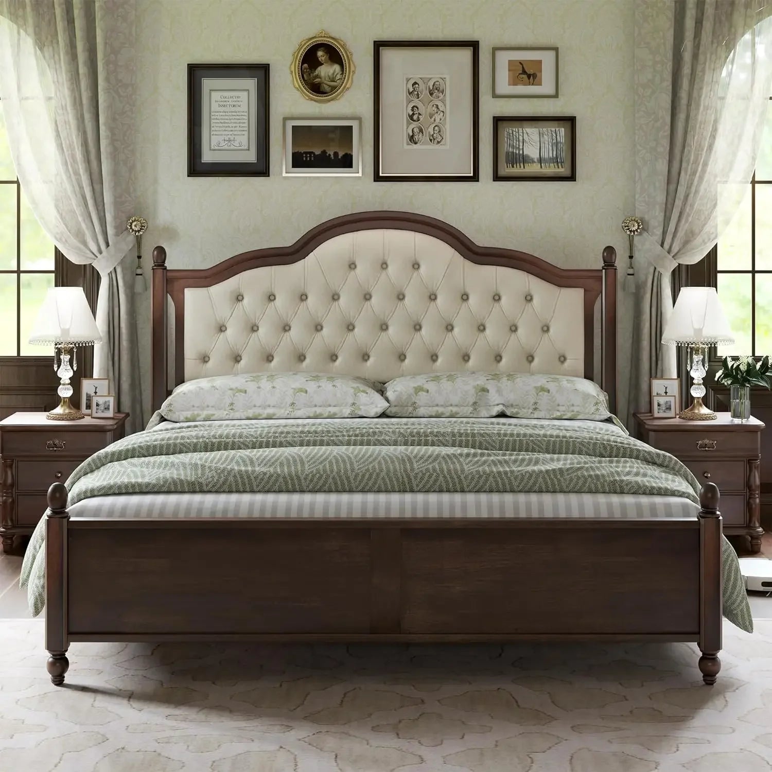 Transitional King Bed Frame – Upholstered Tufted Headboard & Elegant Wood Details”