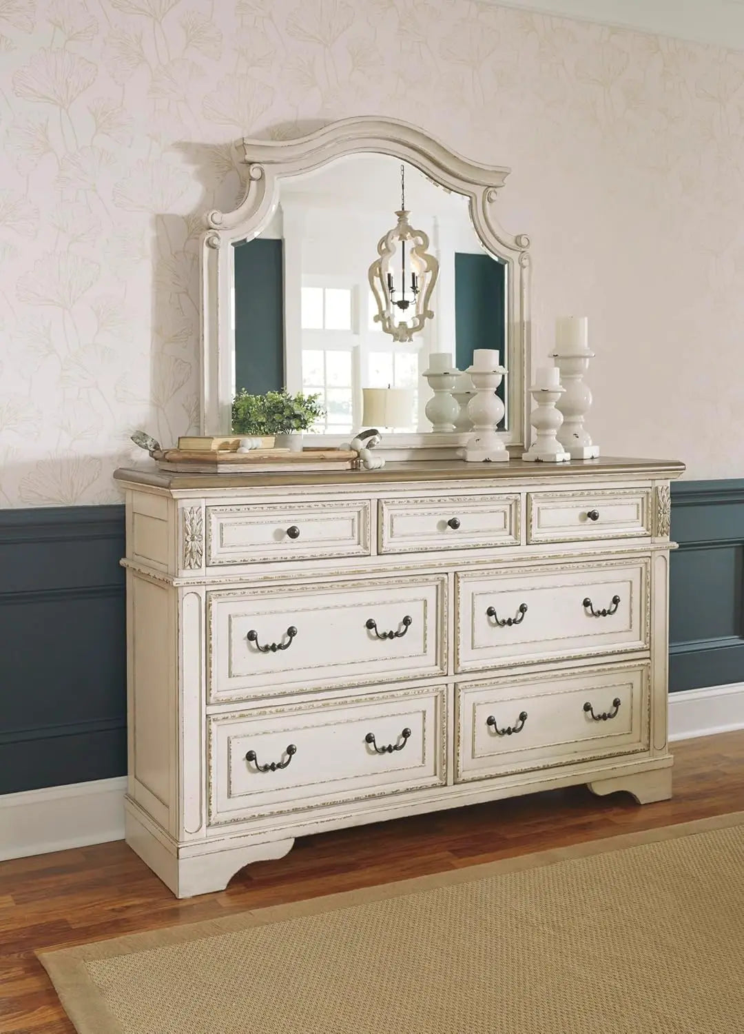 Realyn French Country 7-Drawer Dresser with Mirror – Distressed Chipped White & Walnut Top