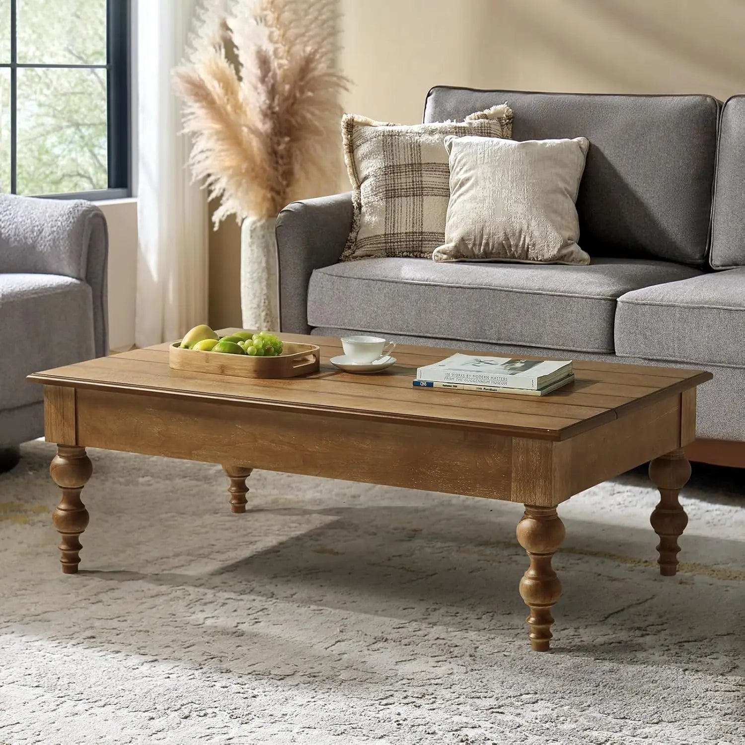 Convertible Lift-Top Coffee Table with Storage – Gourd-Shaped Wood Legs