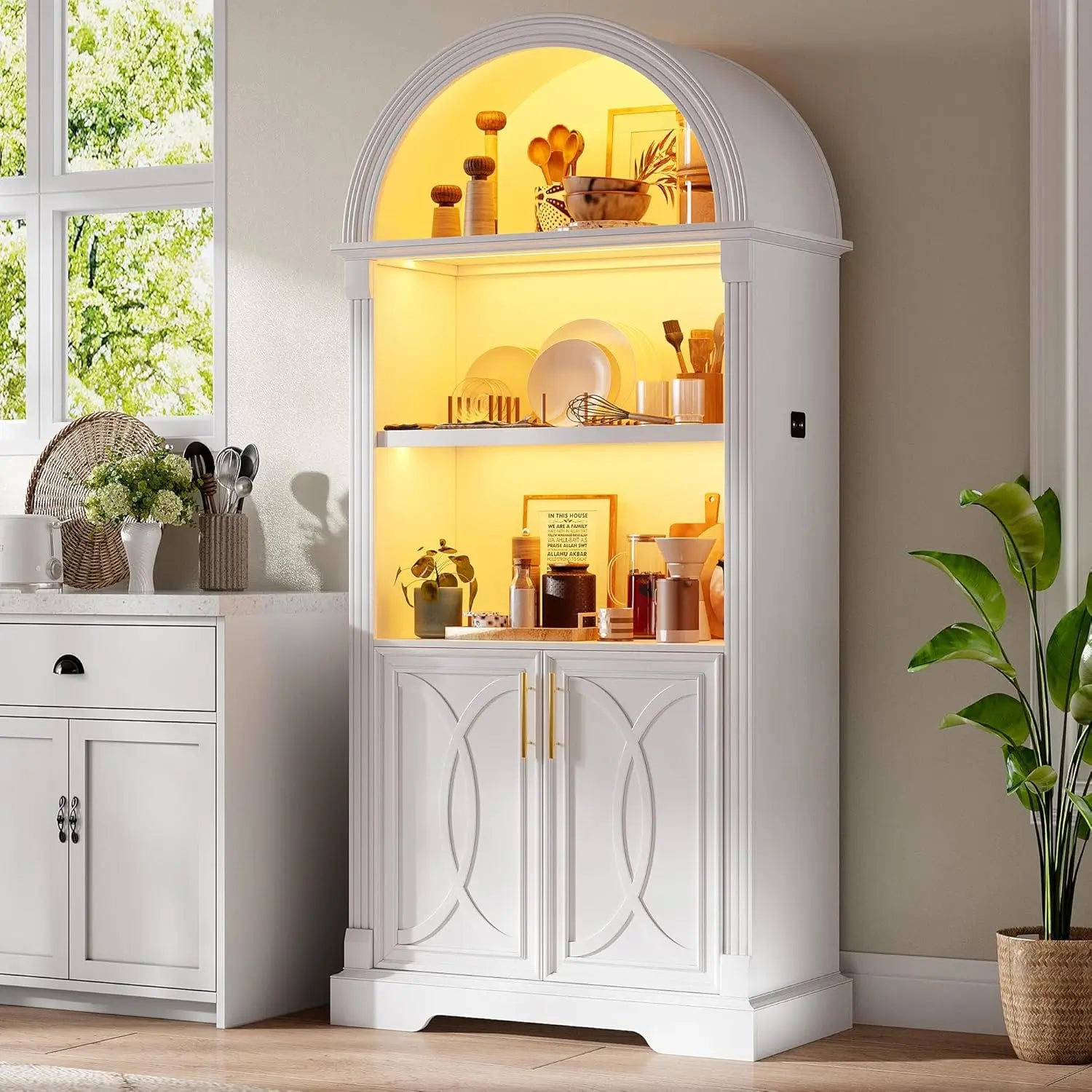 71” Tall Arched Kitchen Pantry Cabinet with Open Shelving