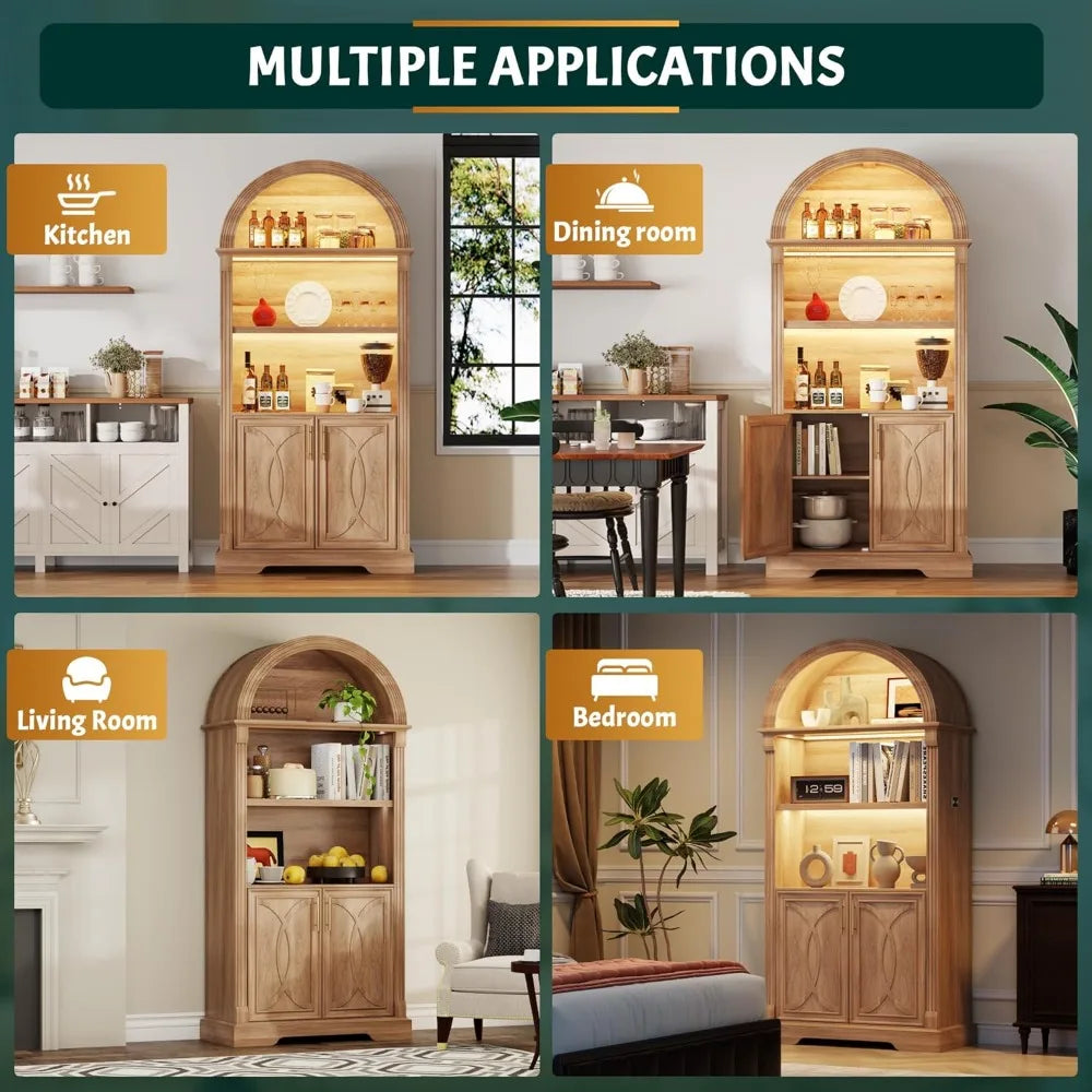 71” Tall Arched Kitchen Pantry Cabinet with Open Shelving