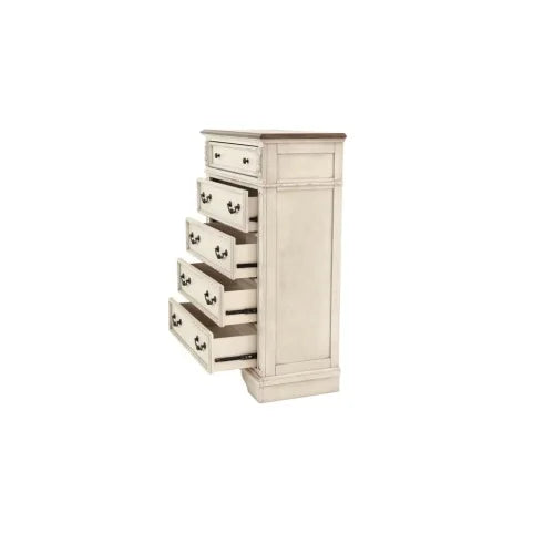Realyn French Country Tall Chest of Drawers – Distressed Chipped White with Walnut Top