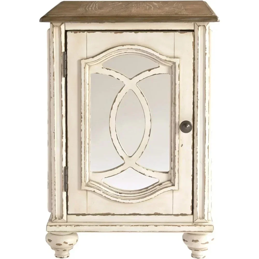 Realyn French Country Chairside End Table with Storage Cabinet – Distressed Chipped White & Wood Top