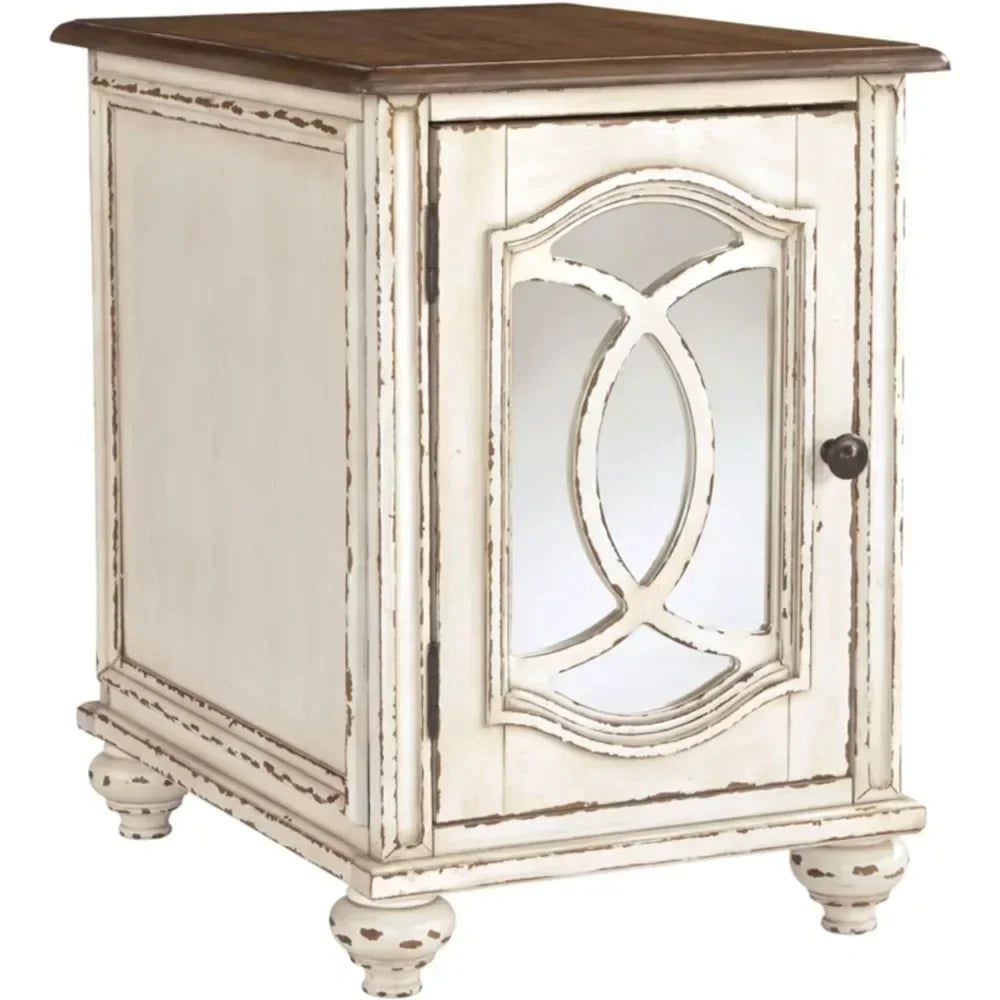 Realyn French Country Chairside End Table with Storage Cabinet – Distressed Chipped White & Wood Top
