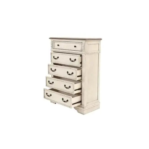 Realyn French Country Tall Chest of Drawers – Distressed Chipped White with Walnut Top