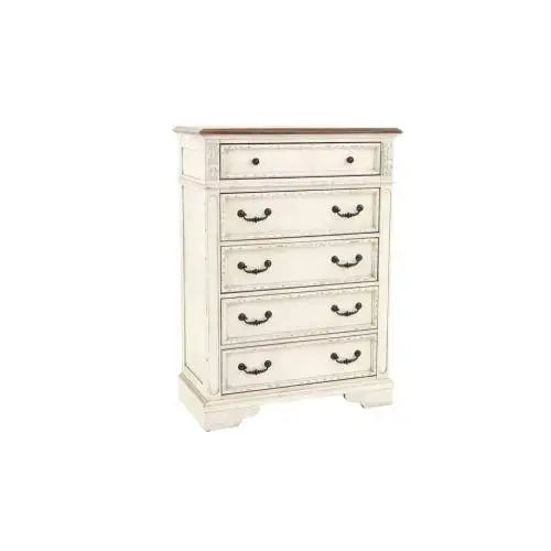 Realyn French Country Tall Chest of Drawers – Distressed Chipped White with Walnut Top