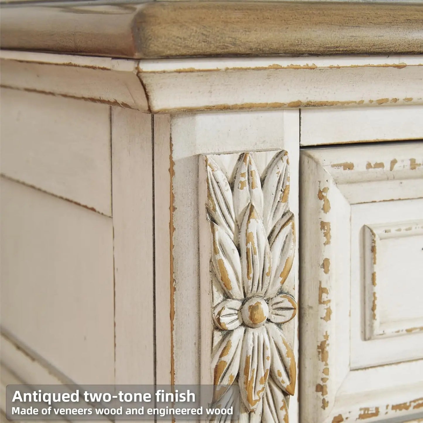 Realyn French Country 7-Drawer Dresser with Mirror – Distressed Chipped White & Walnut Top