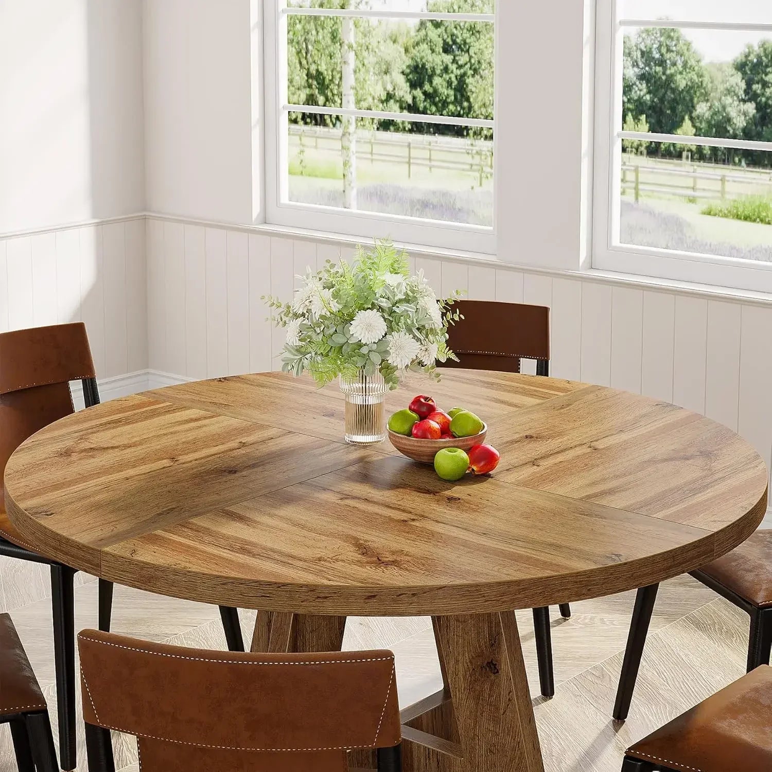 “Willow Creek Round Farmhouse Dining Table – Solid Wood”