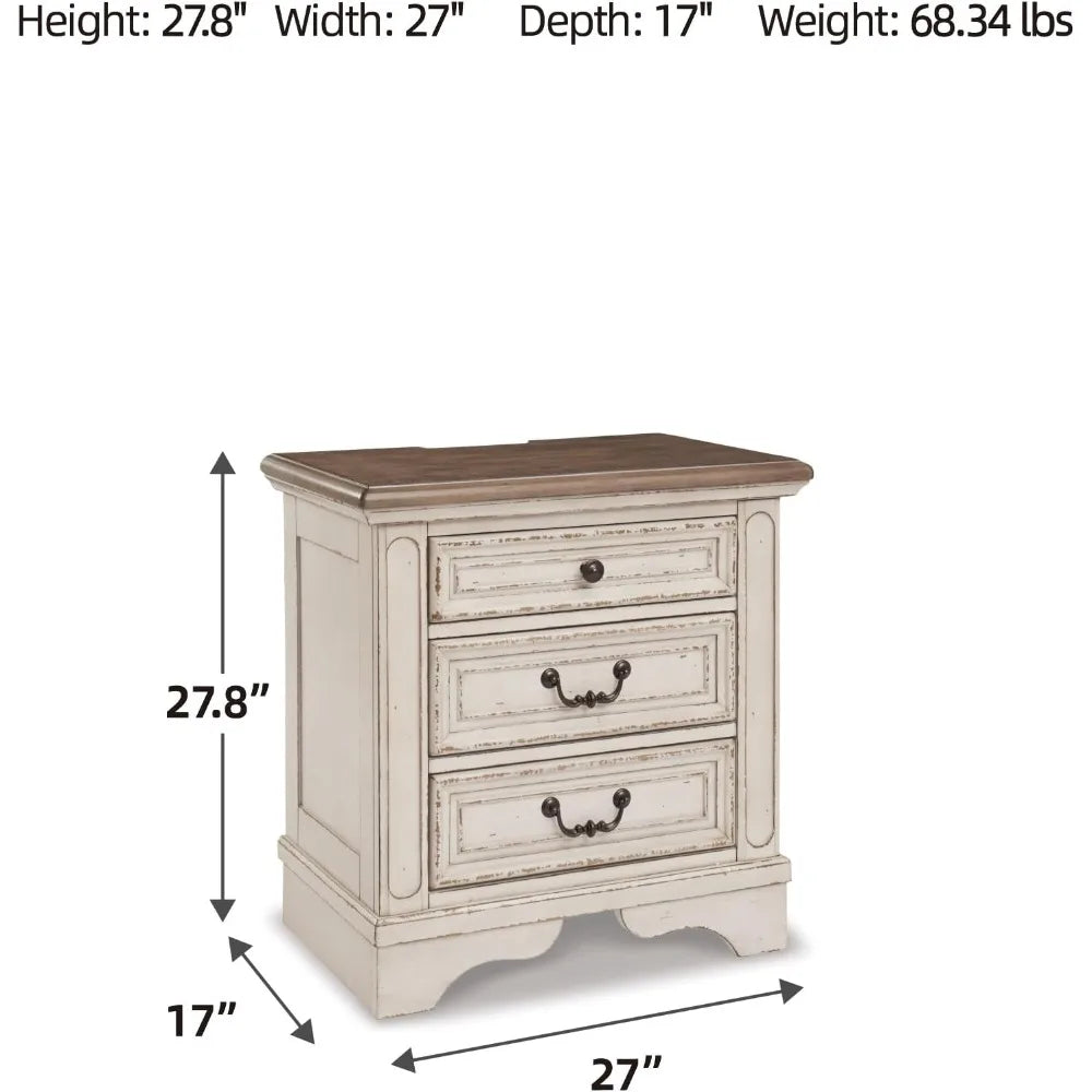 Realyn French Country 3-Drawer Nightstand with USB & Power Outlets – Distressed Chipped White