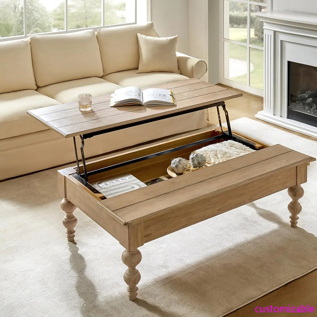 Convertible Lift-Top Coffee Table with Storage – Gourd-Shaped Wood Legs