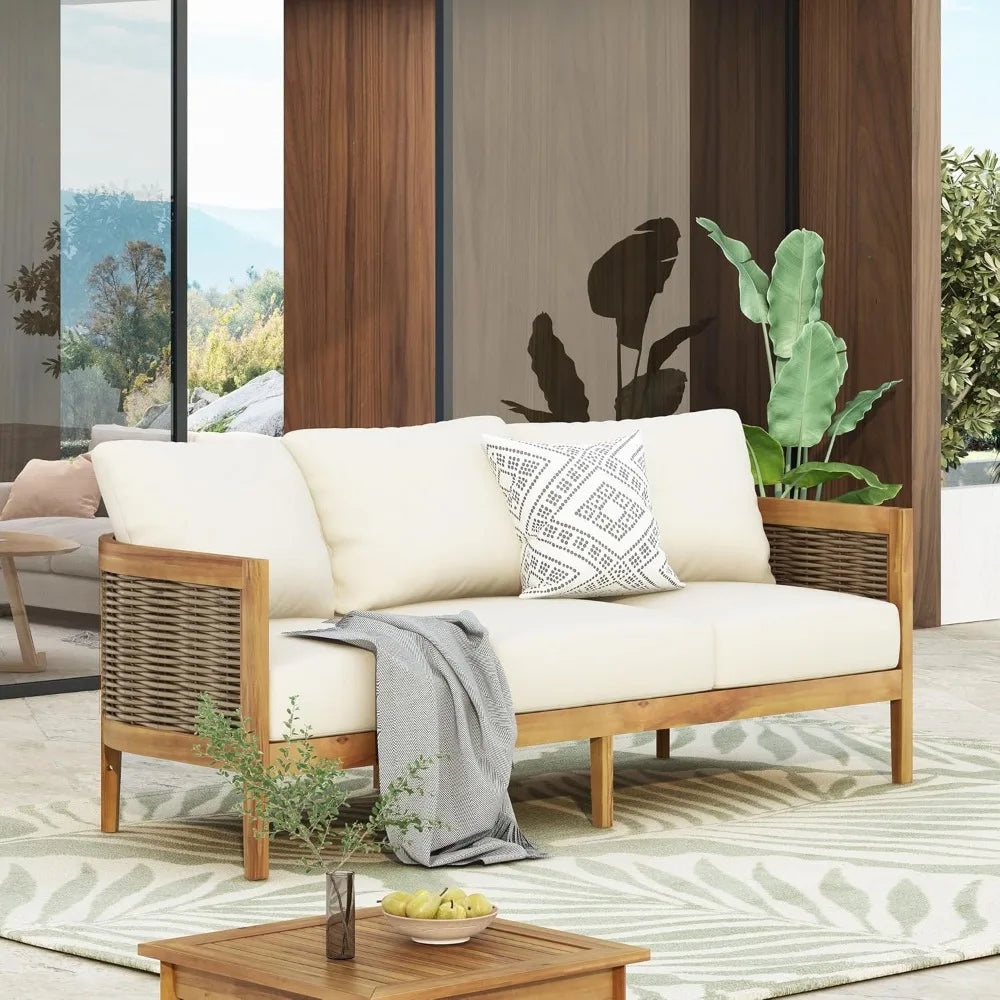 Outdoor Acacia Wood & Wicker Sofa