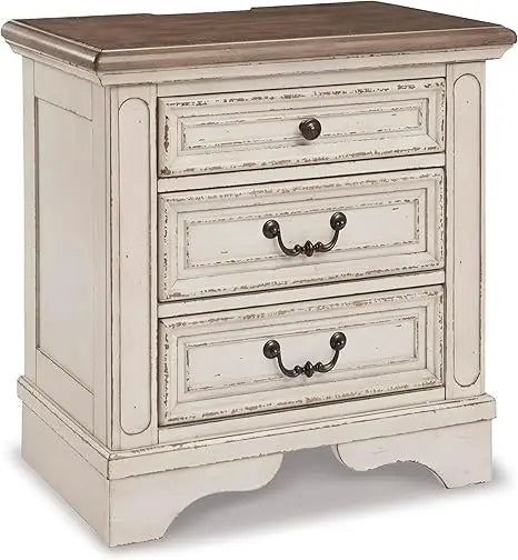 Realyn French Country 3-Drawer Nightstand with USB & Power Outlets – Distressed Chipped White