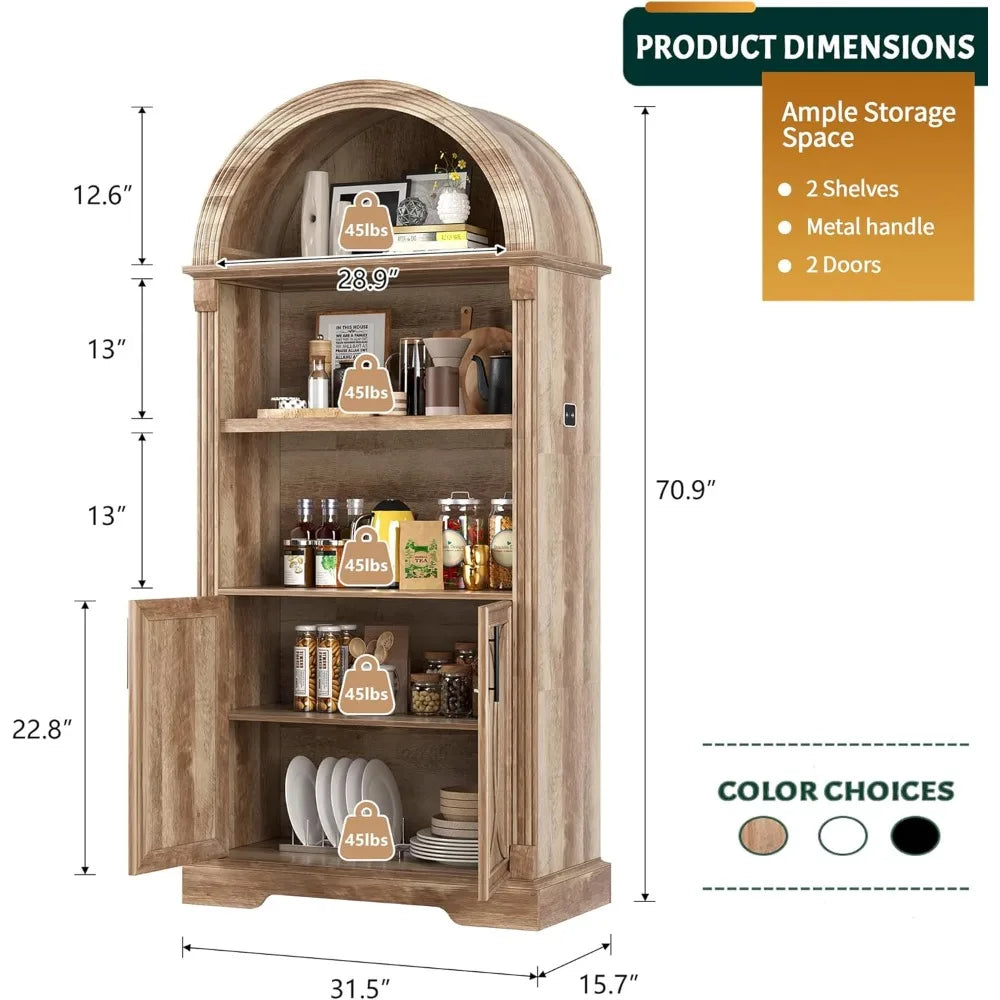 71” Tall Arched Kitchen Pantry Cabinet with Open Shelving