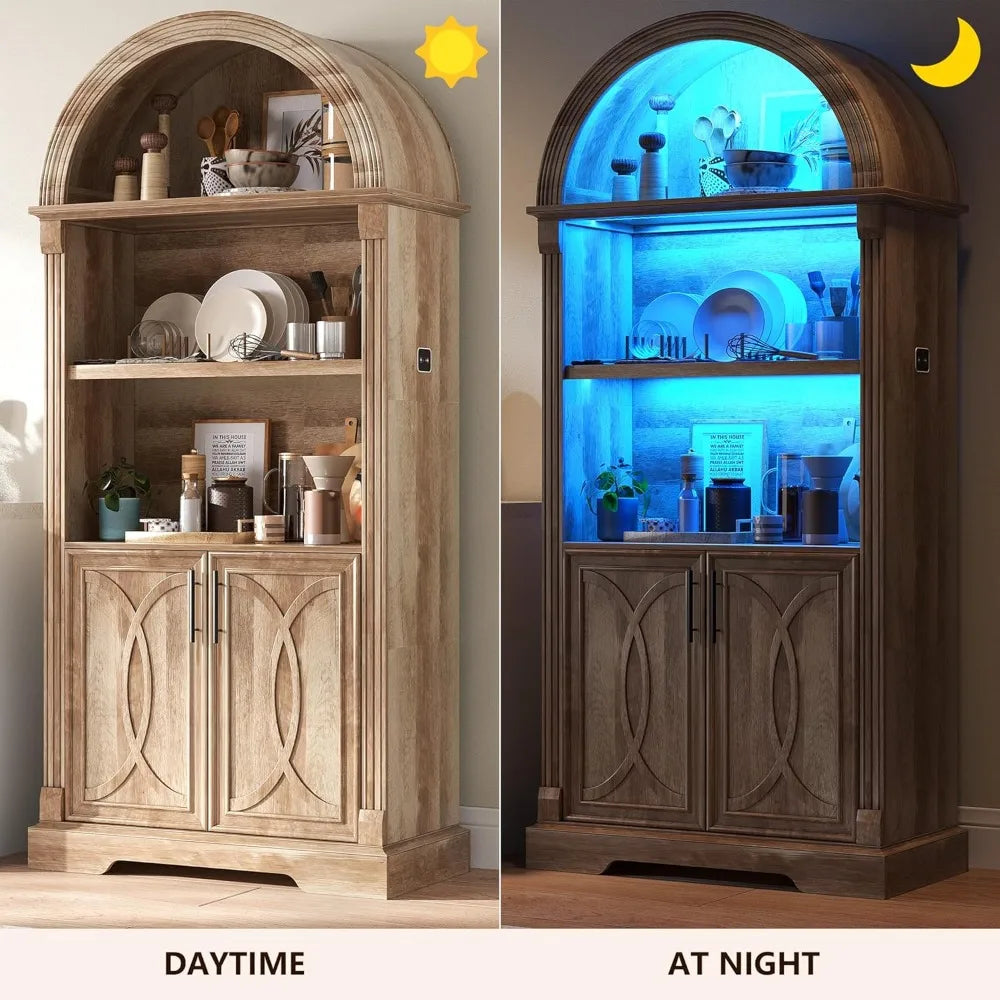 71” Tall Arched Kitchen Pantry Cabinet with Open Shelving