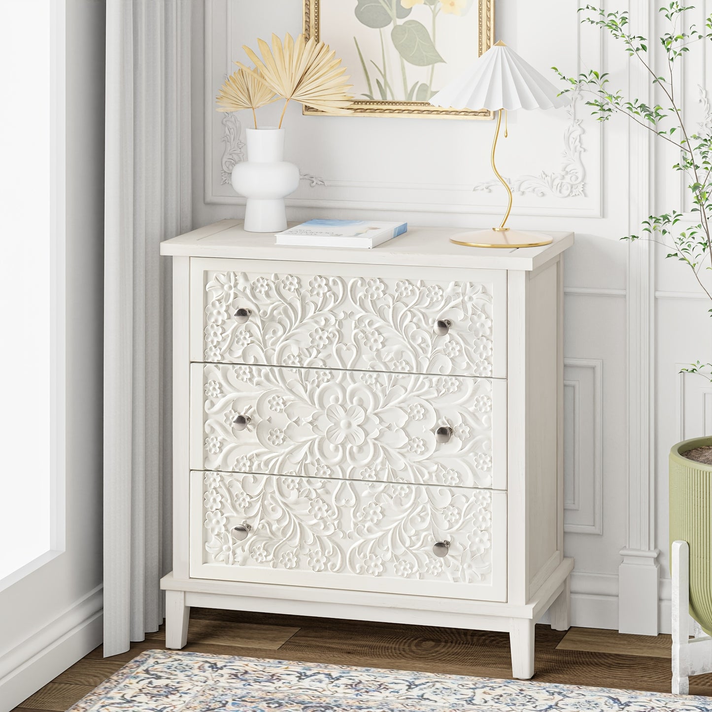 Rustic Farmhouse 3-Drawer Dresser with Floral Motif