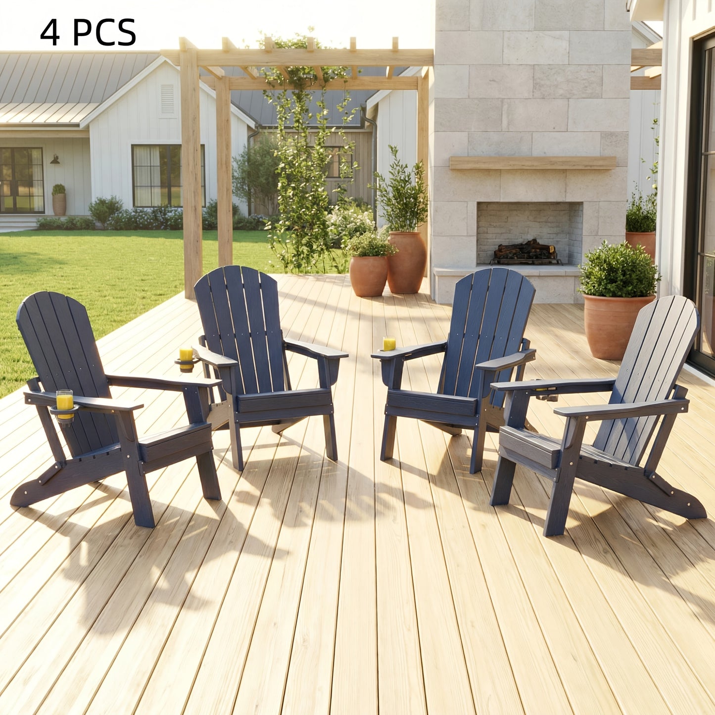HDPE Folding Adirondack Chair 4Pack/6Pack, All-Weather Fire Pit Chairs with Cup Holder, Outdoor Lawn Chair for Patio Garden