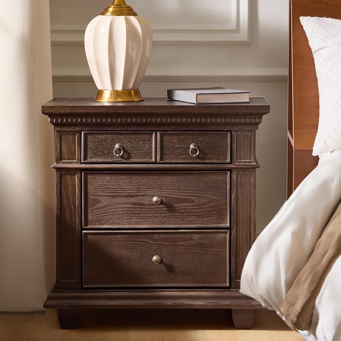 Walnut Nightstand with Charging Station & 3 Drawers