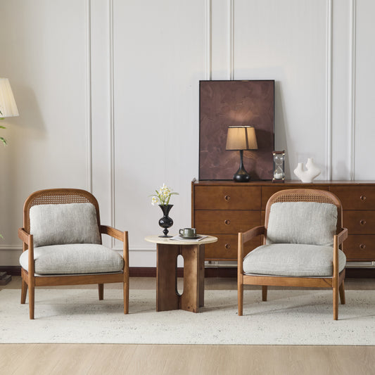 Mid-Century Walnut & Rattan Accent Chairs – Set of Two