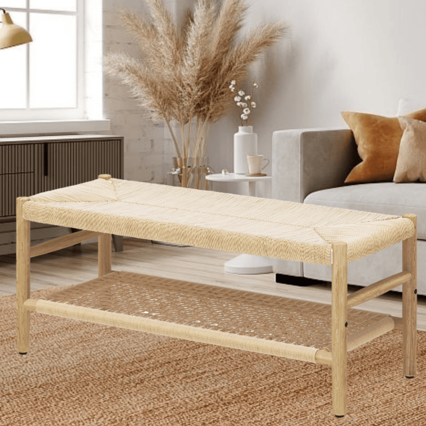 Cambria Rattan Storage Bench | 39” Woven Seat with Baskets