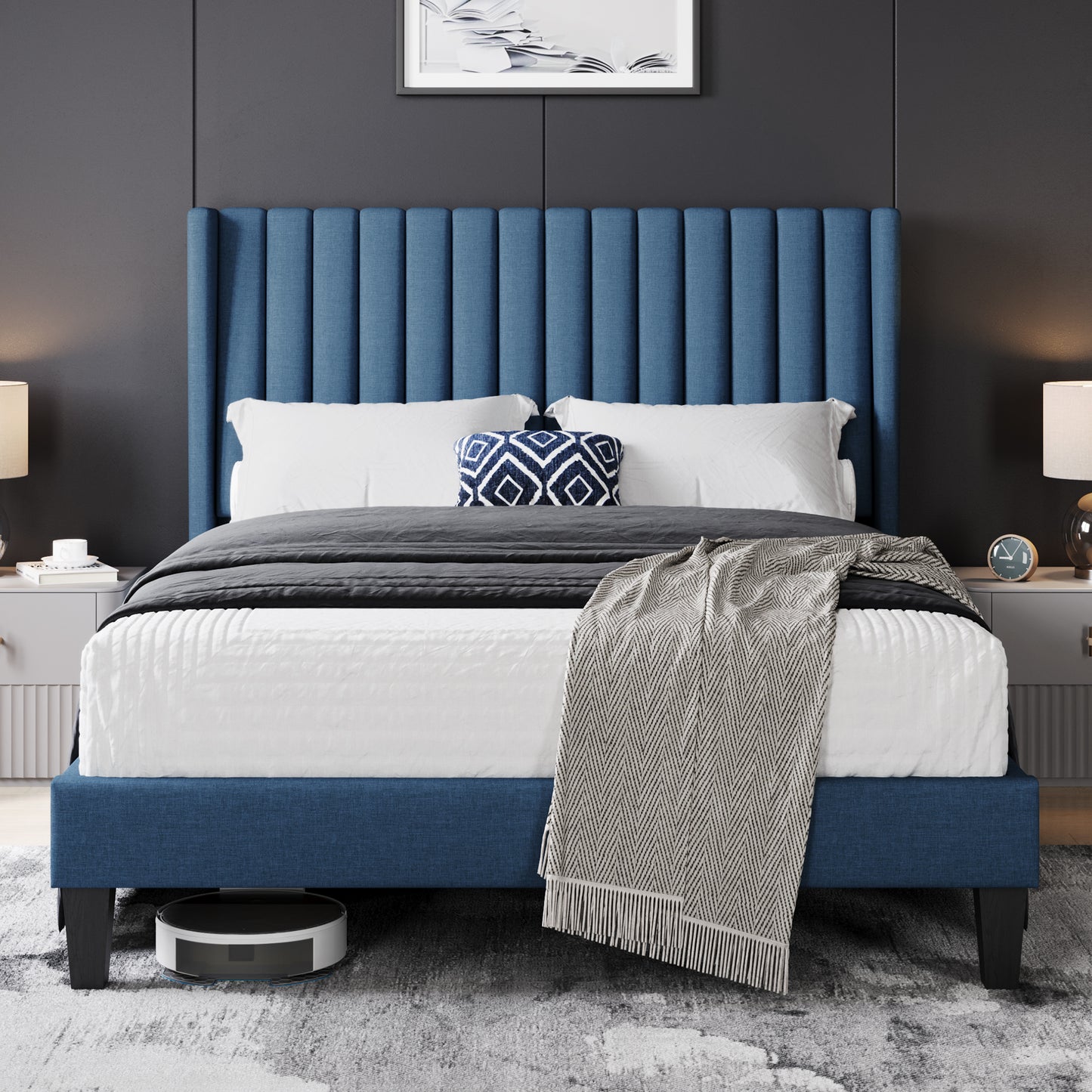 Sloane Wingback Bed – Upholstered Platform Frame, Easy Assembly - solid wood furniture by Chic Woods