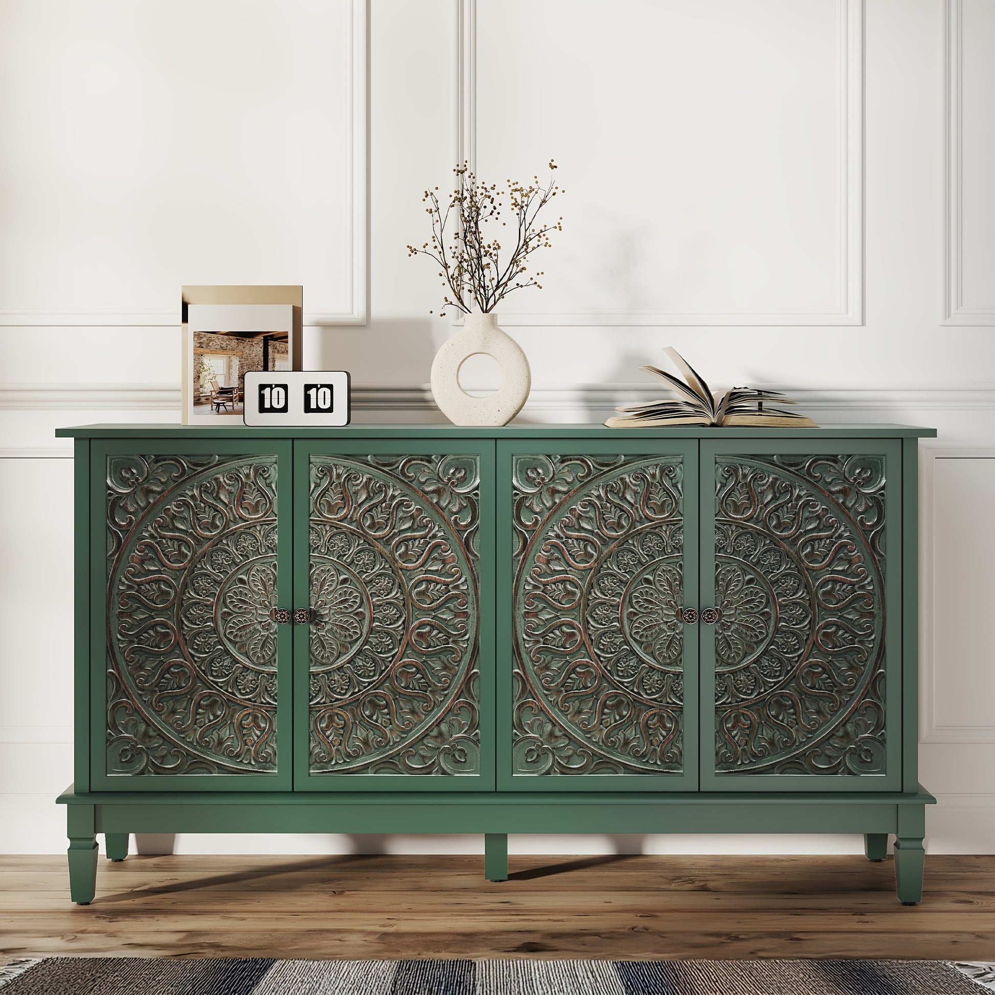59" Modern Sideboard Buffet Cabinet | Carved and Painted Floral Door Panel, Adjustable Shelves, 4-Door Wood Storage Cabinet Suitable for Entryway, Dining Room, Living Room, Bedroom, TV Console, Hardwood, Assembly Required