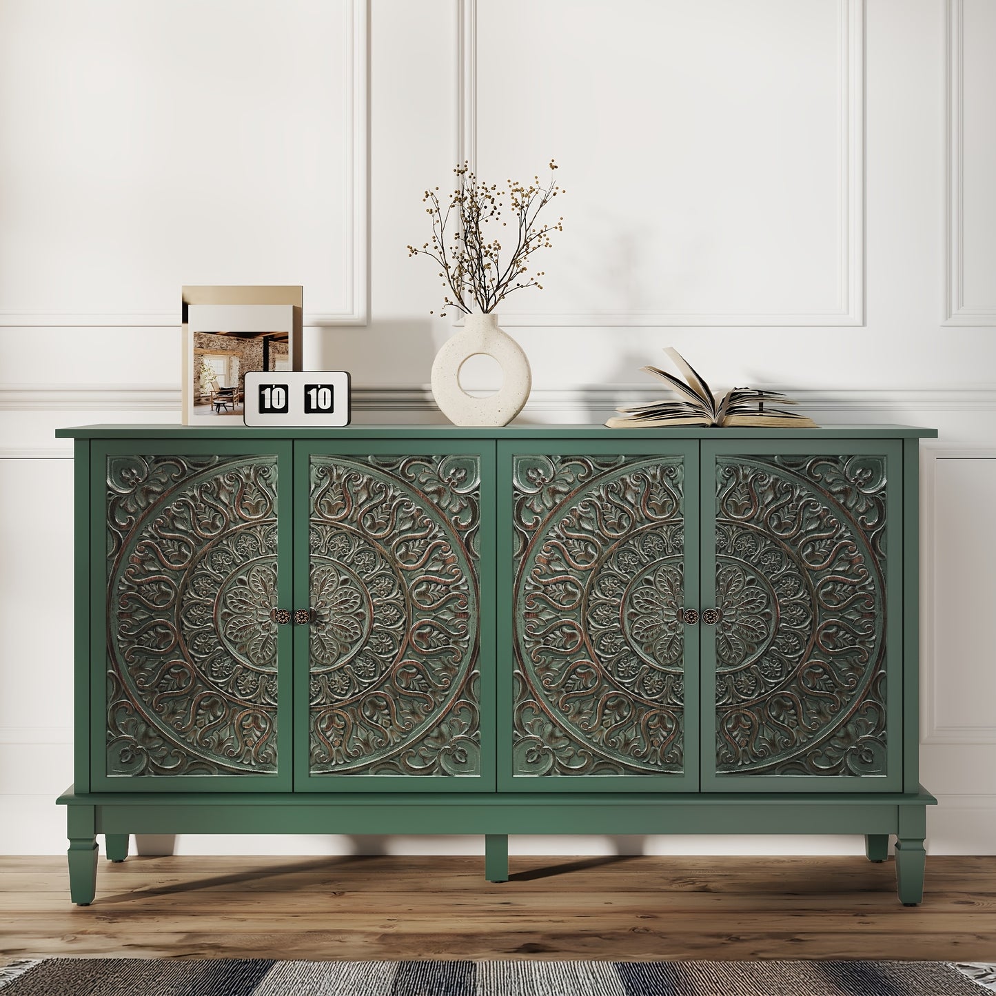 59" Modern Sideboard Buffet Cabinet | Carved and Painted Floral Door Panel, Adjustable Shelves, 4-Door Wood Storage Cabinet Suitable for Entryway, Dining Room, Living Room, Bedroom, TV Console, Hardwood, Assembly Required