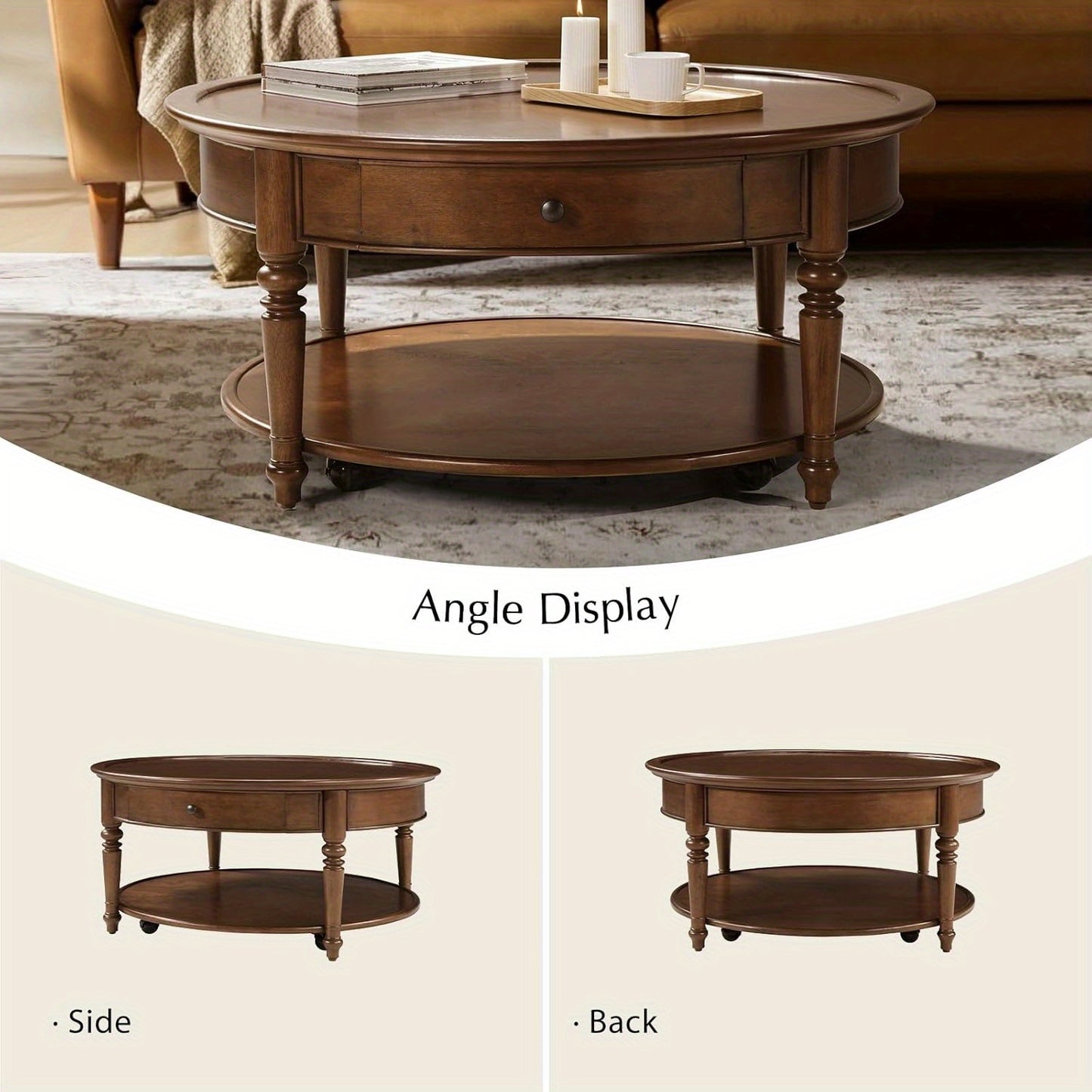Bennett Round Walnut Coffee Table | 2-Tier with Drawer & Casters