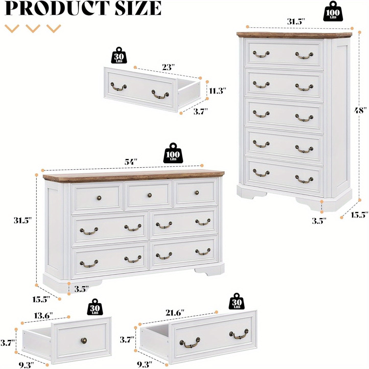 Ashford Farmhouse Dresser Set (2-Piece)
Includes 7-Drawer Long Dresser + 5-Drawer Tall Chest