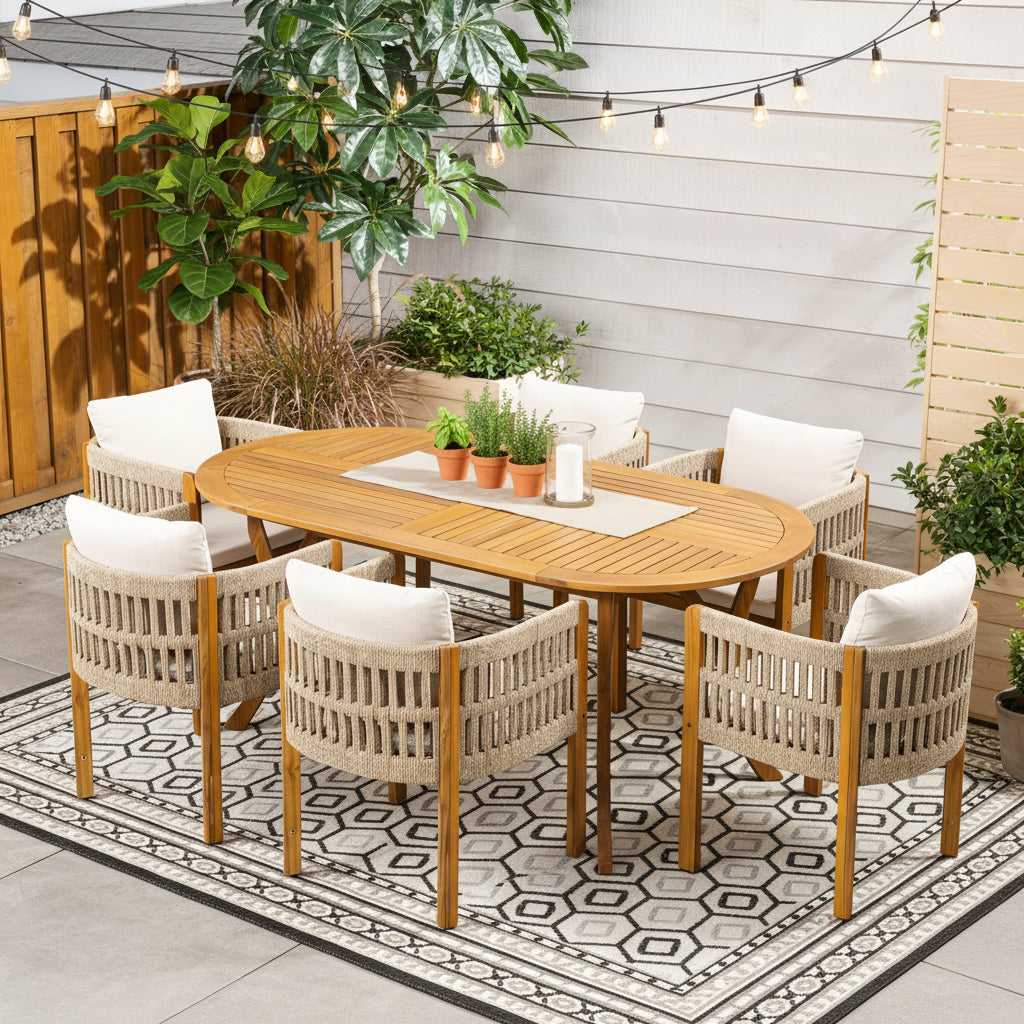 5pcs Outdoor Lovewood Dining Table And Chairs, 4pcs Club Art Rope Woven Dining Chairs with Waterproof Seat Cushions, 1 Curved Terrace Dining Table, Stylish And Modern Backyard Garden Coffee Table And Chairs
