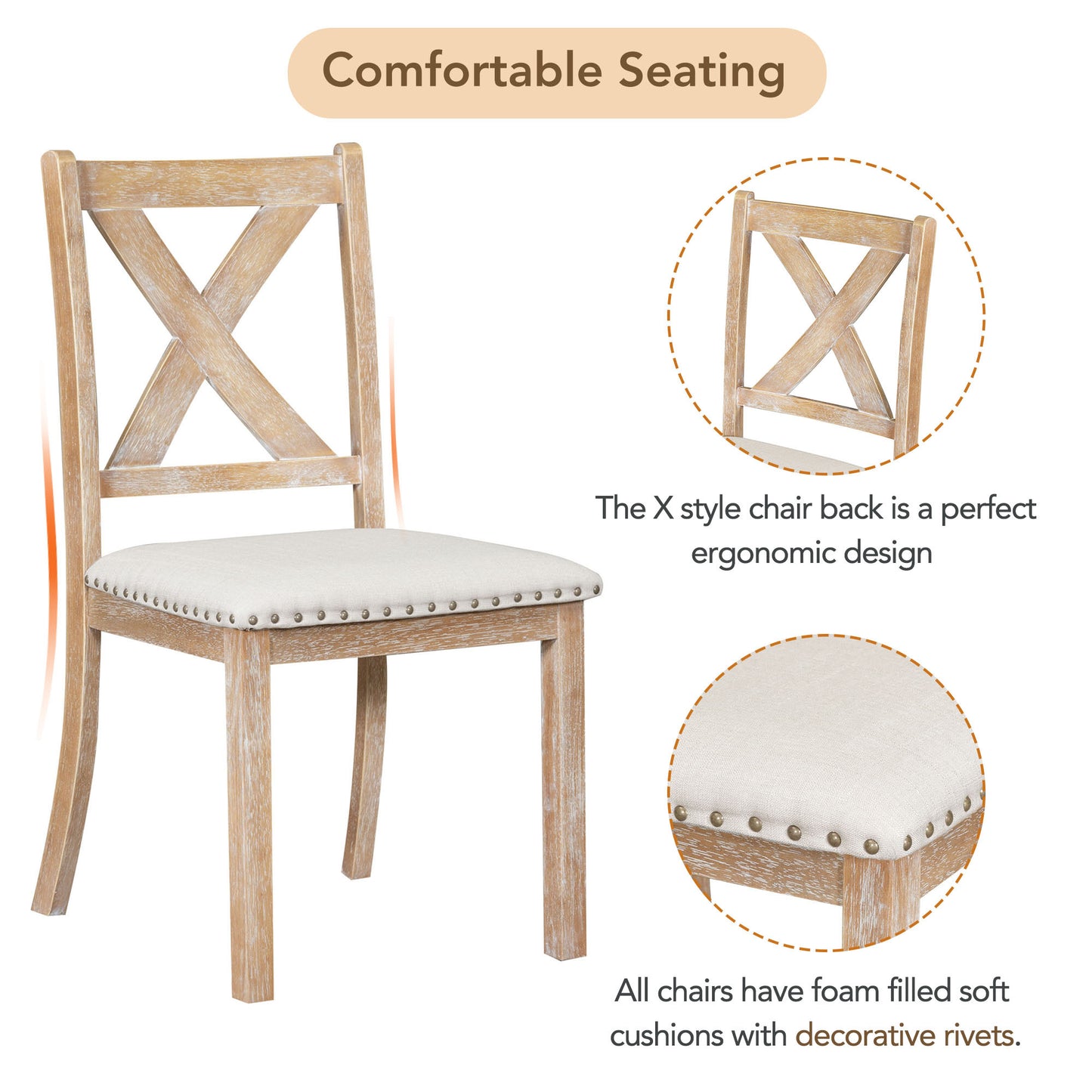 Thompson 6 - Piece Farmhouse Dining Set - 82" Extendable Table with Footrest, 4 Upholstered Chairs & Bench, Natural beige Cushions - solid wood furniture by Chic Woods