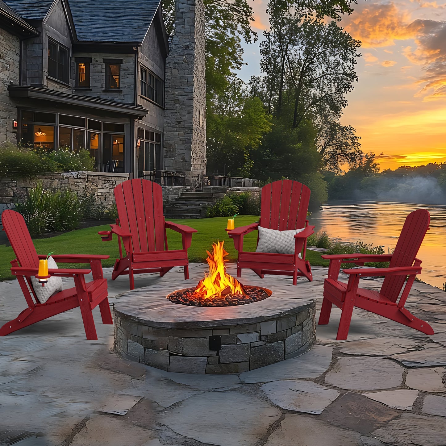 HDPE Folding Adirondack Chair 4Pack/6Pack, All-Weather Fire Pit Chairs with Cup Holder, Outdoor Lawn Chair for Patio Garden