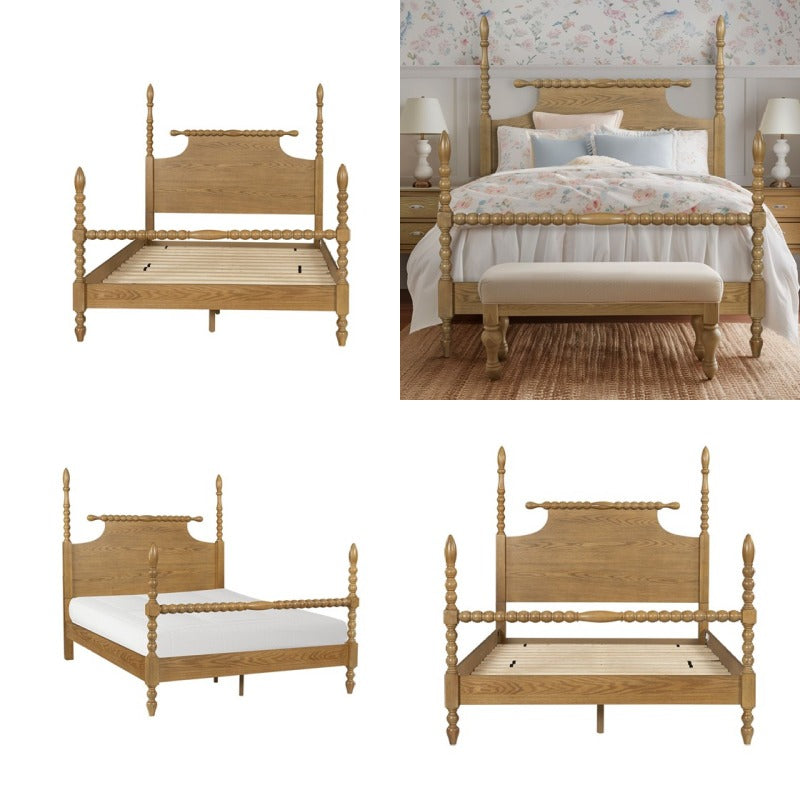 Cambridge Camel Oak Queen Bed | Solid Wood Turned-Post Frame