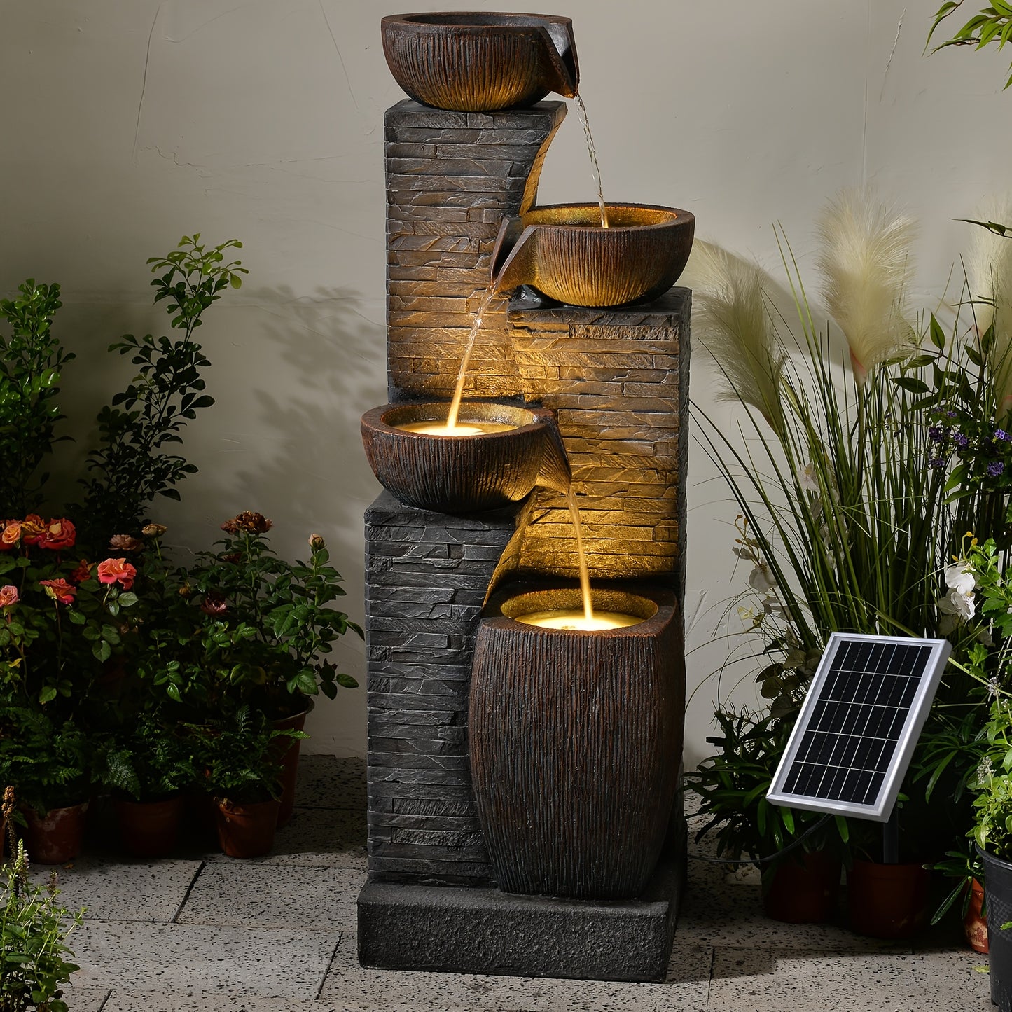 38.2" Solar Powered Water Fountain | 4 Tiers Modern Cascading Bowls and Stacked Stones with LED Lights, Grey Resin, Charging, Removable Battery — Ideal for Garden, Patio, Deck, Porch, Backyard, Lawns