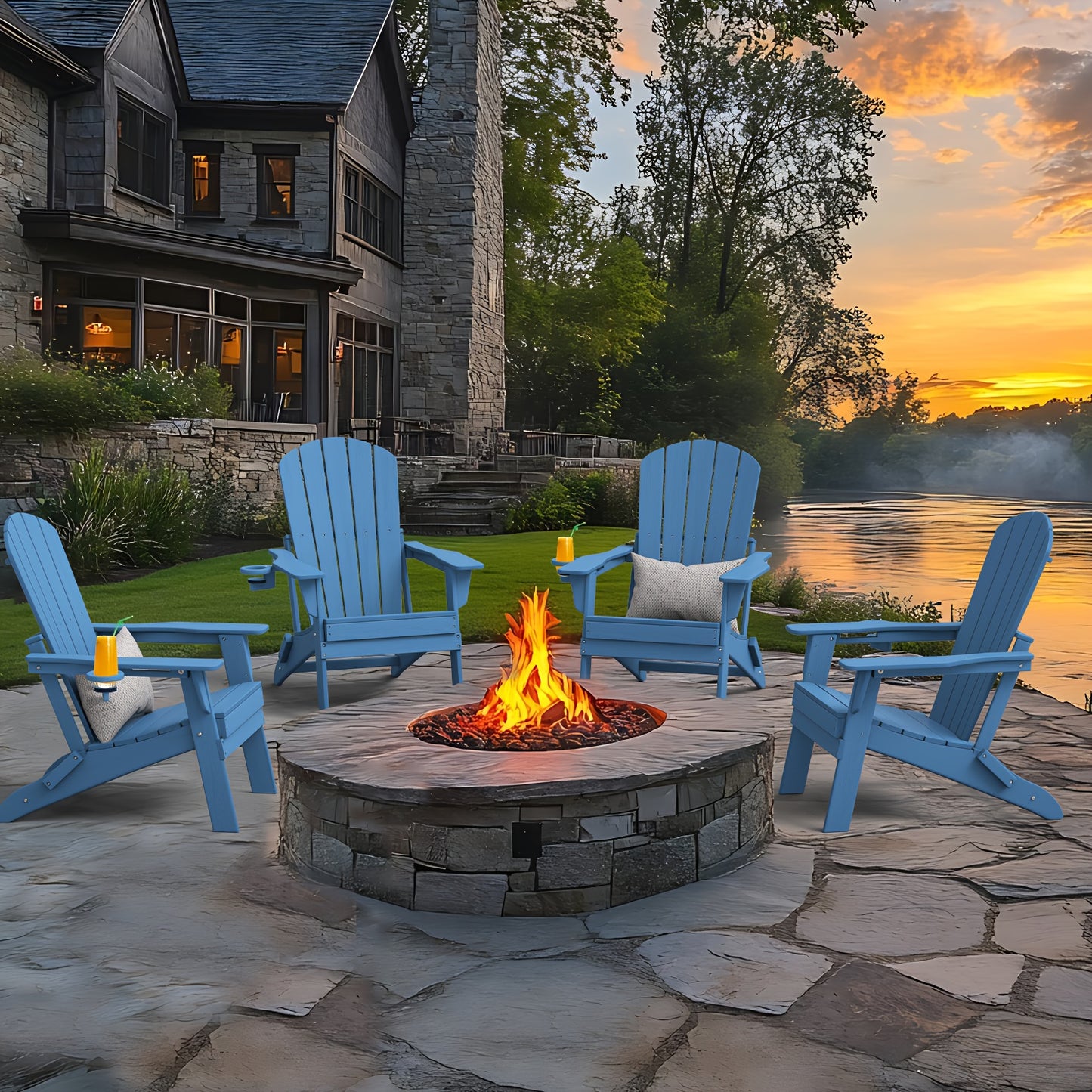 HDPE Folding Adirondack Chair 4Pack/6Pack, All-Weather Fire Pit Chairs with Cup Holder, Outdoor Lawn Chair for Patio Garden