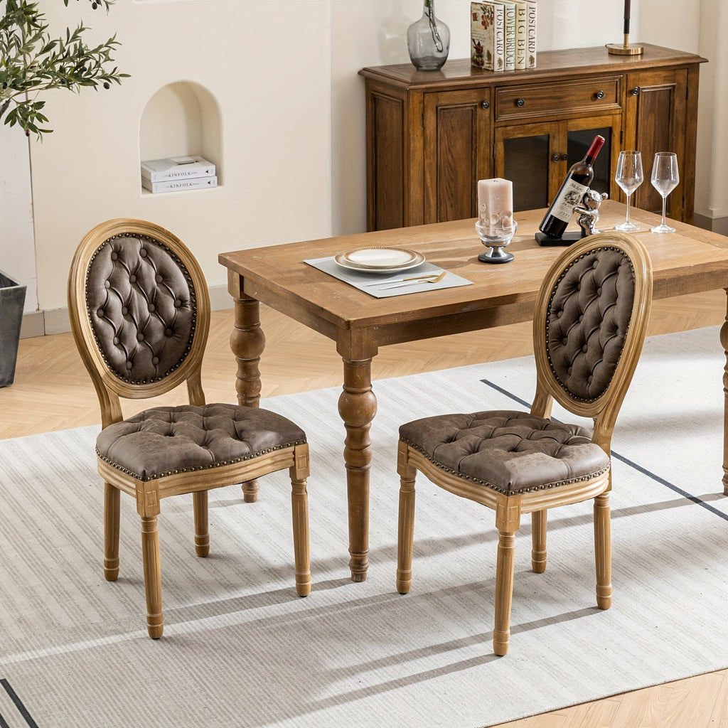 Classic French Style Dining Chairs- Solid Wood Frame, Faux Leather, Nail head accents