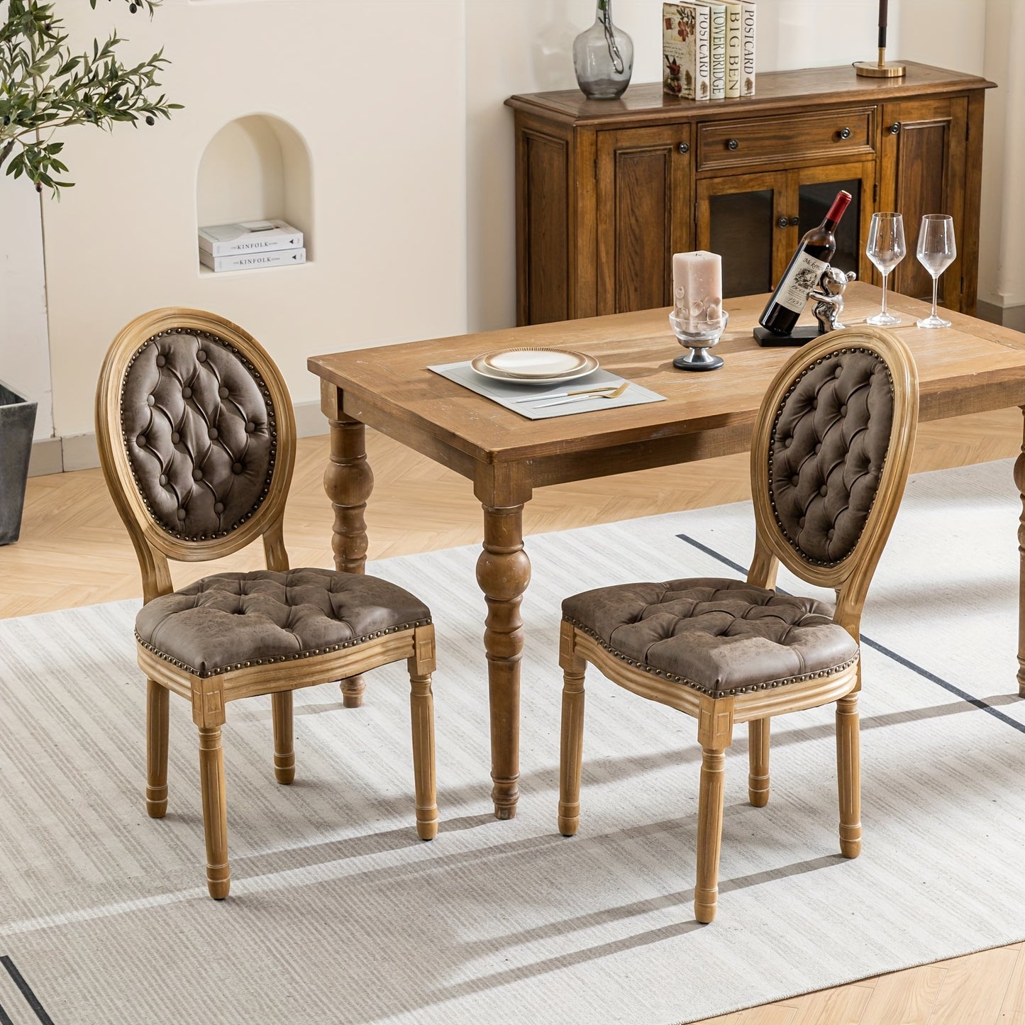 Classic French Style Dining Chairs - Solid Wood Frame, Faux Leather, Nail head accents - solid wood furniture by Chic Woods